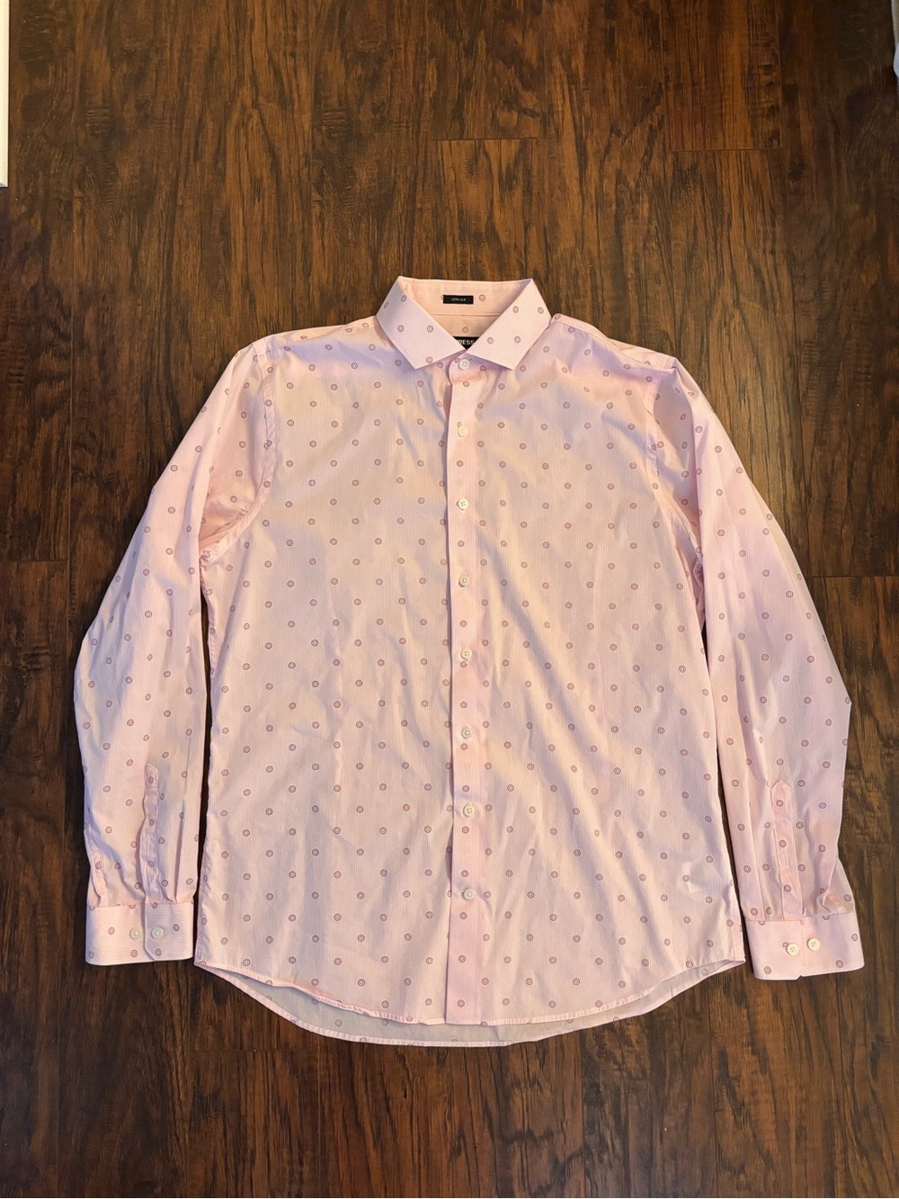 Express Men's Light Pink Dot Pattern Dress Shirt Extra Slim Size Large